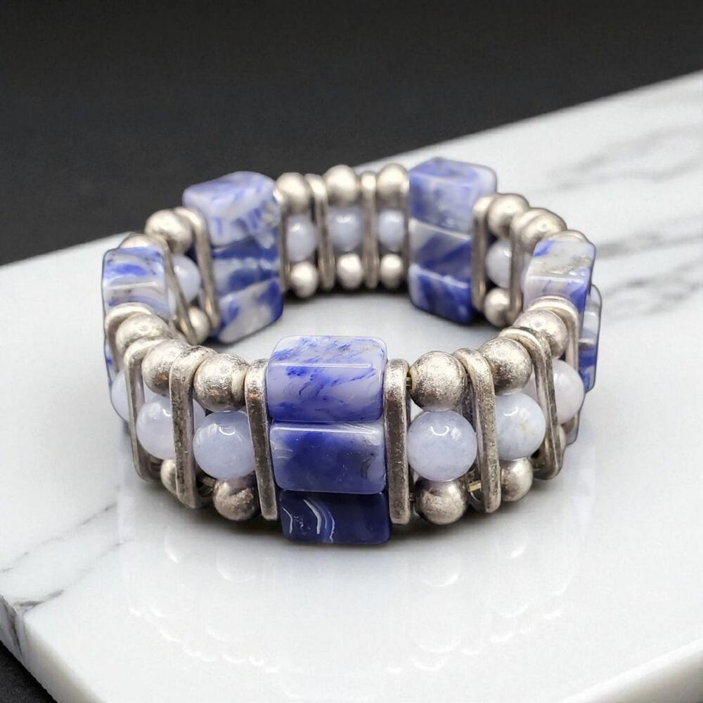 Blue Stone Stretch Bracelet Chunky Silver Tone Beads Boho Jewelry